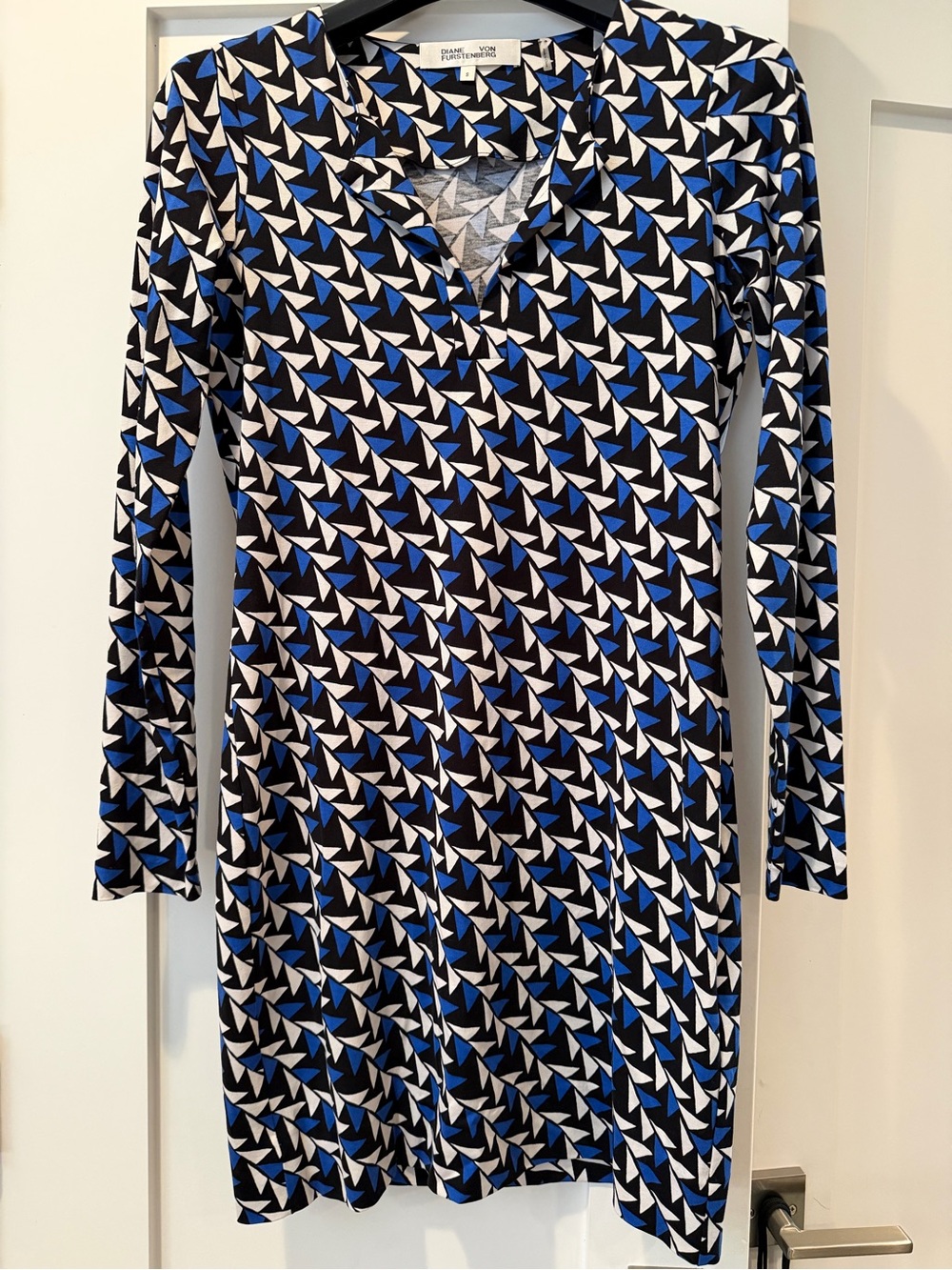 Diane Von Furstenberg Black, Blue & White Geometric Long-Sleeve Wrap Dress